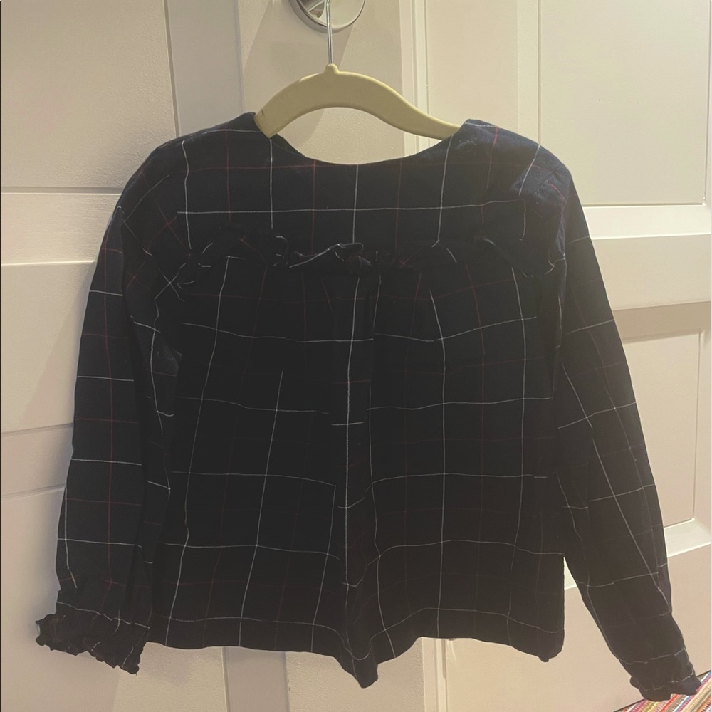 Girls Jacadi Plaid Shirt with Ruffles - Navy w/ Red & White check.